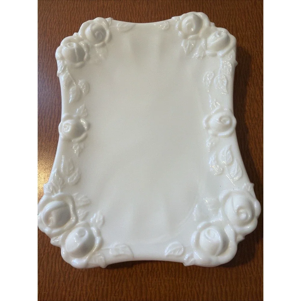 Vintage Milk Glass Soap Dish With Roses  6